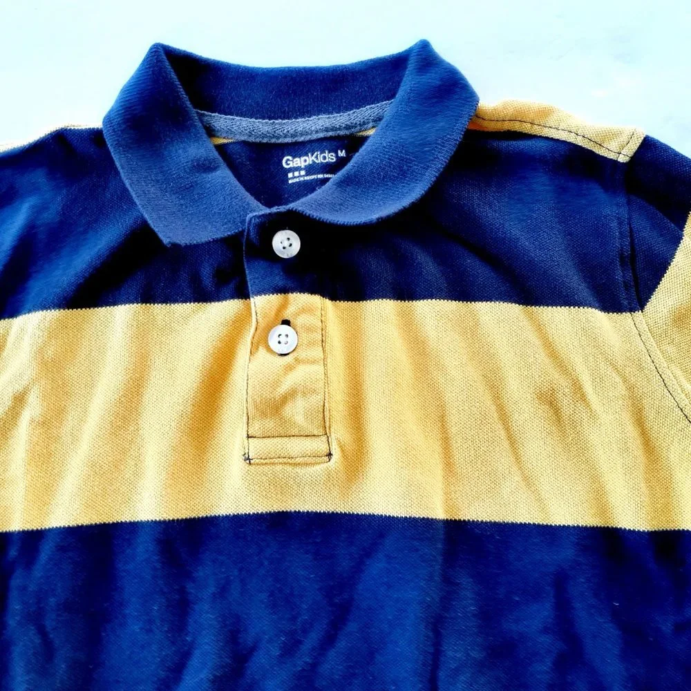 Gap Boys Polo Shirt Navy Yellow Short Sleeve Stripes Medium